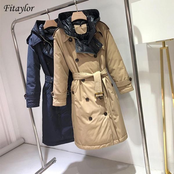 

fitaylor winter women double breasted hooded long down parka 90% white duck down coat with belt windbreaker snow warm outwear1, Black