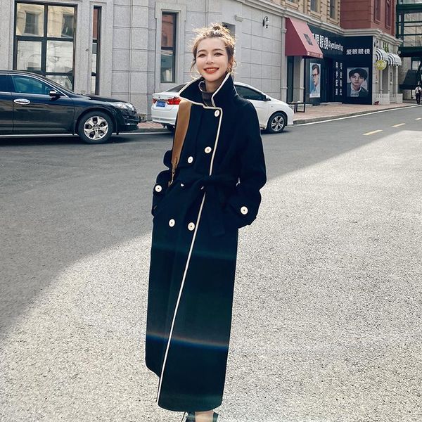 

women's wool & blends 2021 womens winter long bandage lapel woolen coat fashion women jacket loose casual black blend coats