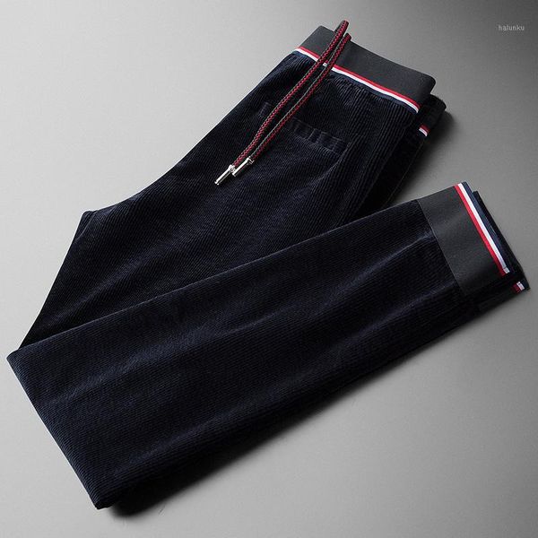 

corduroy thick mens luxury elastic waist casual sport navy grey man pants autumn and winter slim fit male trousers1, Black