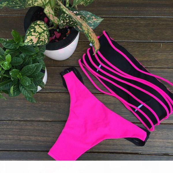 

2016 rose red strappy bikinis string swimsuits hollow out swimwear women bathing suit bather biquin with brazilian bottom, White;black