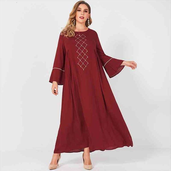 

ladies fashion loose large size round neck brick trumpet sleeves pure red temperament banquet sweet long womens dress, Black;gray