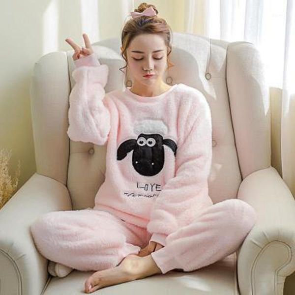 

2 piece cartoon pajama set nightwear pijama home suit women lingerie flannel winter pyjama cute sheep full length warm1, Black;red