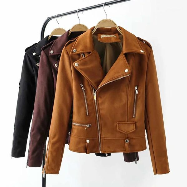 Couro feminino Faux Spring Spring Jacket Mulheres Preto PU Zipper Básico Outerwear Motocicleta Biker Coat1