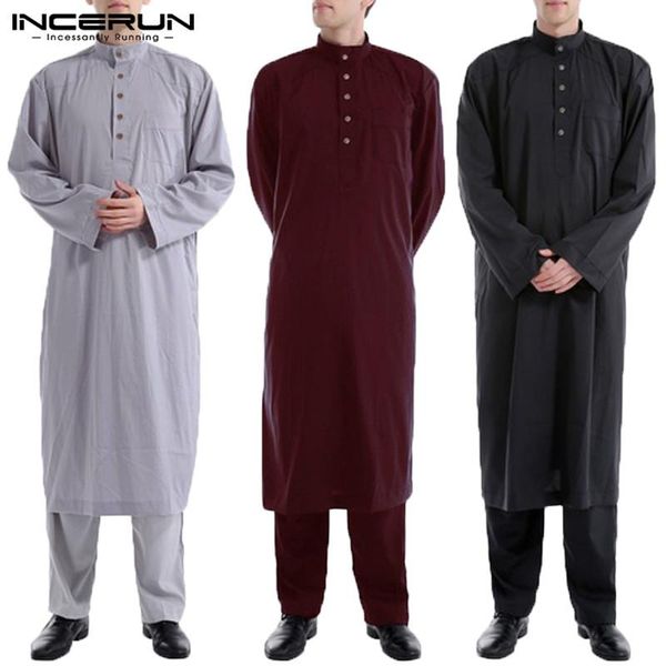 

incerun men islamic robe kaftan dress long sleeve solid color loose vintage muslim jubba thobe clothing saudi arab mens clothing, Red