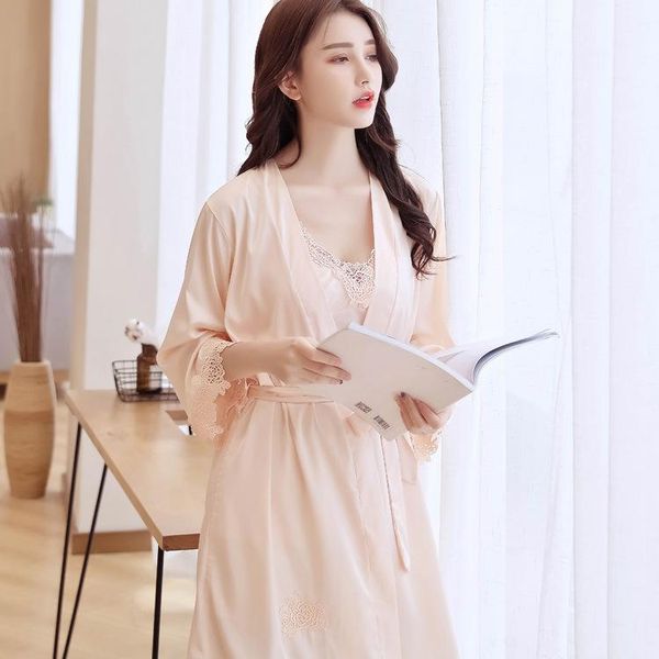 

women's sleepwear champagne 2pcs hollow out robe gown set bride bridesmaid wedding bath backless lace trim women, Black;red
