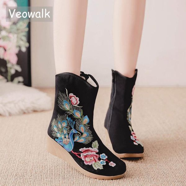 

veowalk peacock embroidered women comfort canvas short boots wedge platforms chinese style embroidery winter autumn shoes, Black