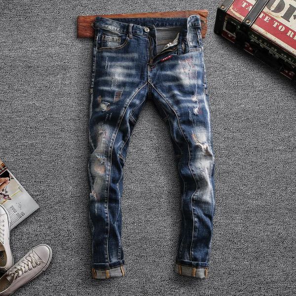 

italian style fashion men jeans retro blue vintage designer ripped denim trousers streetwear spliced elastic hip hop biker pants