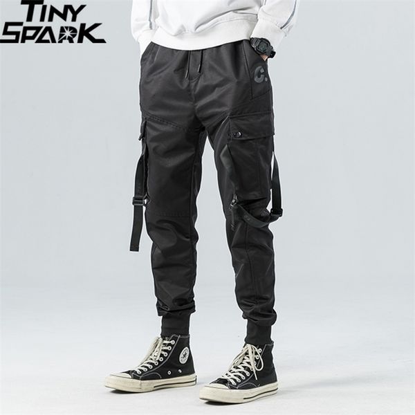 

hip hop cargo pockets men streetwear harajuku joggers hiphop swag ribbion harem pants fashion casual trousers 201221, Black