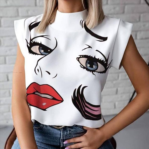

women elegant print blouse shirts 2020 summer casual stand neck pullovers ladies fashion cute eye short sleeve blusa, White