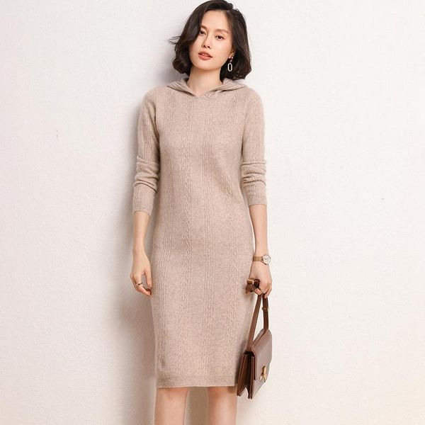 

2020 new spring winter 100% cashmere sweater women knitted hooded warm lady's jumpers dresses long style pullovers1, White;black