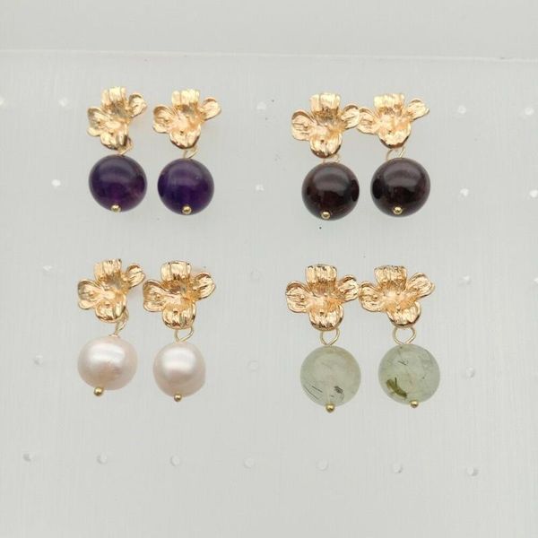 

round pearl garnet gems stone golden plated flower earrings, Silver