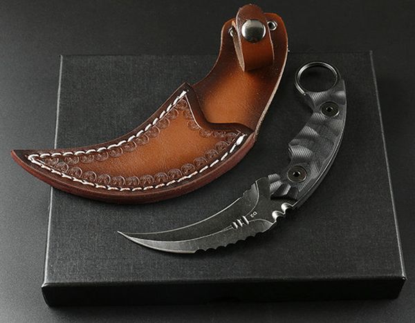 Coltello Karambit di alta qualità D2 Lama satinata / nera Stone Wash Full Tang Black G10 Coltello da artiglio con fodero in pelle