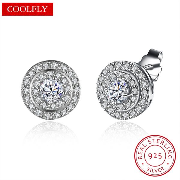 

wholesale luxury round full zirconia 925 sterling silver stud earrings for women 2018 new fashion jewelry wedding gifts bijoux, Golden;silver