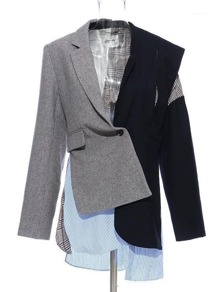 

new fashion and high-quality runway woolen cloth, irregular cut and contrast fabric stitching long-sleeved suit women1, White;black