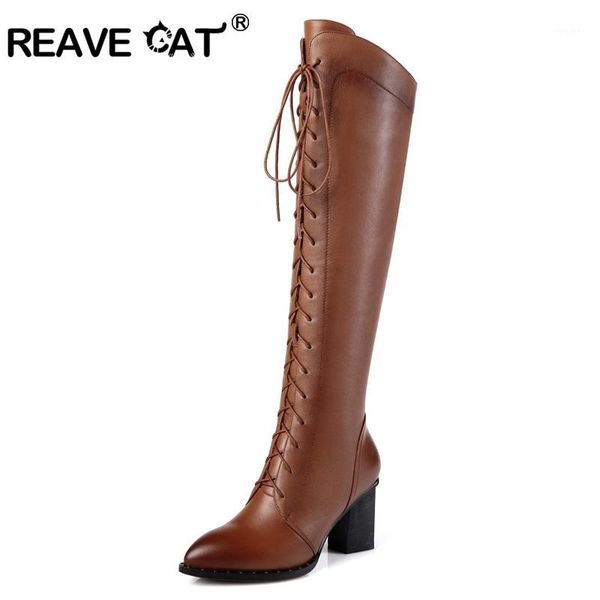 

reave cat women genuine leather cross-tied high heel over the knee boots ladies botas long boots warm winter zipper black a7791