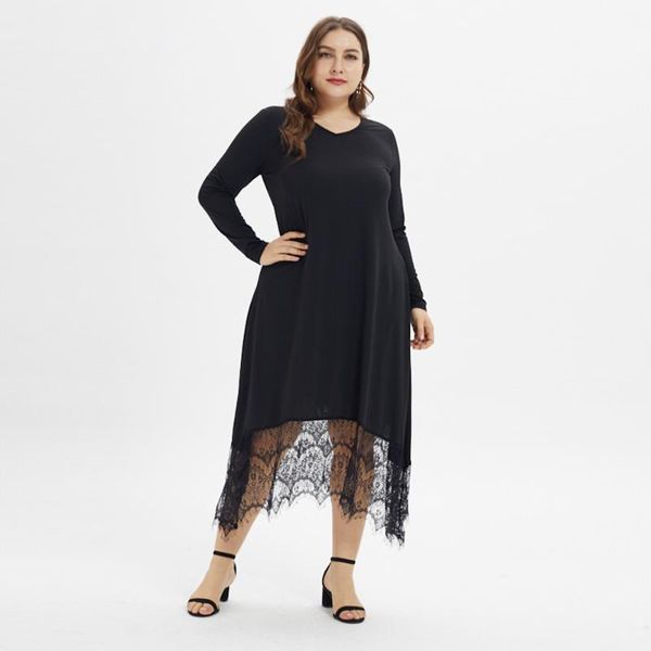 

casual dresses women's autumn straight plus size long sleeve round neck lace solid dress p30, Black;gray