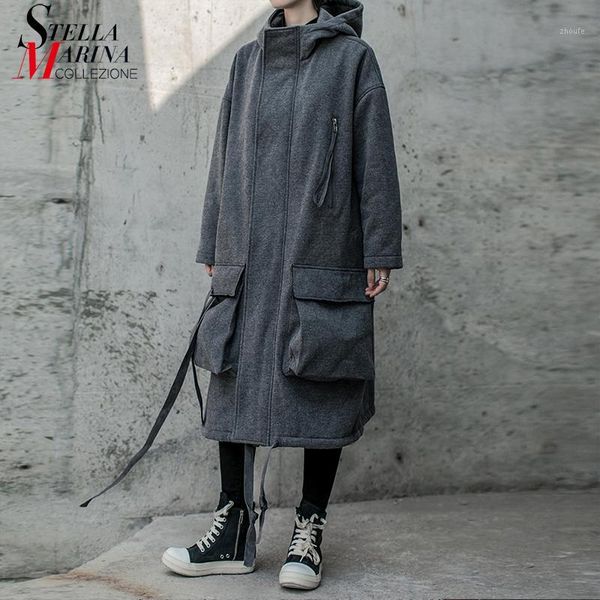 

new 2019 women winter korean fashion gray hooded trench coat with big pocket lady unique plus long jacket windbreaker l1207c-491, Tan;black