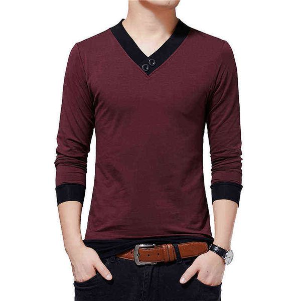 Browon Brand Uomo Vestiti 2021 Autunno New Casual Men T-shirt V-Neck Patchwork Color Design T Shirt Uomo Top Tees Oversize 5XL G1229