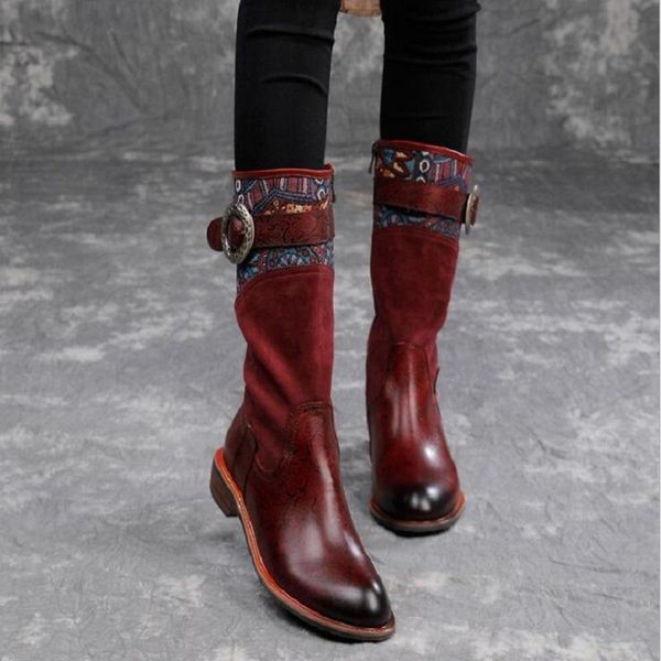

winter new national style retro buckle plush genuine leather plus size 41 42 women mid-calf high-equestrian boots 1227, Black