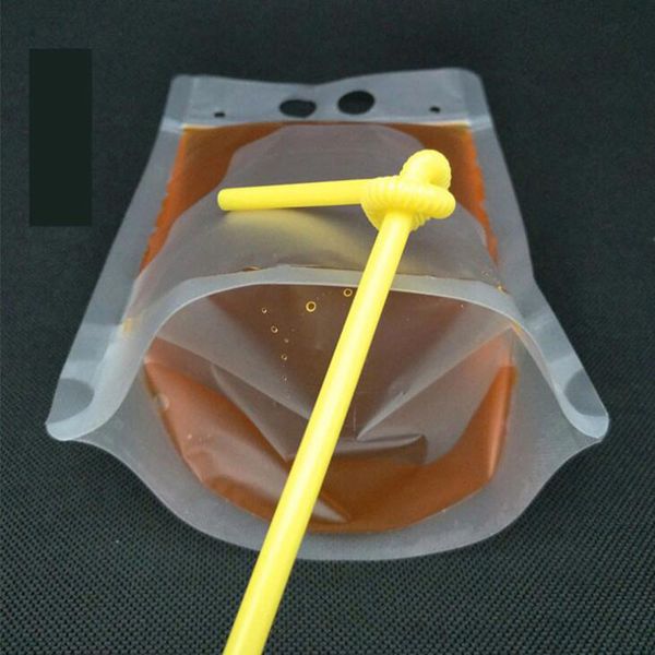 

a-17oz clear drink pouches bags frosted zipper stand-up plastic drinking bag with straw holder reclosable heat-proof owc1034