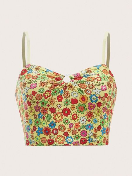 

floral print ruched bust ring crop cami m1e6#, White