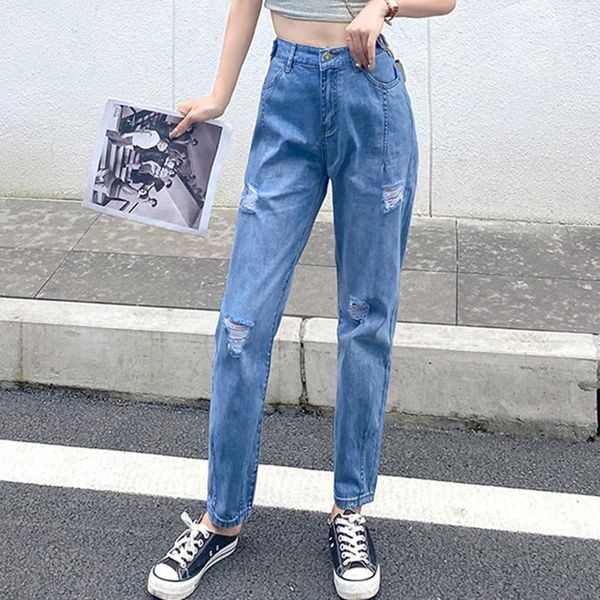 

women elastic waist plus size jeans denim high waist loose wide leg thin ruin casual cotton long jeans ladies1, Blue
