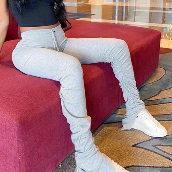 

high waist sweatpants women joggers elastic summer stacked leggings bell bottom trouser split hem flare ruched pant kg-171, White;red