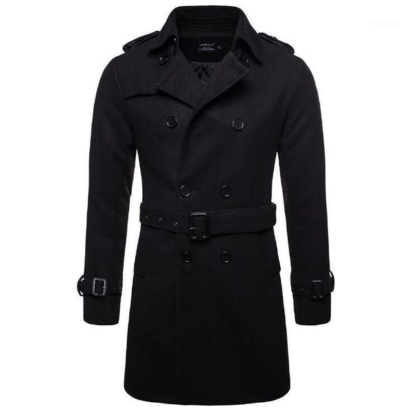 

2021 winter male men coat long thick jacket double-breasted woolen windbreaker men's brand overcoat tidal belt cashmere jackets1, Black