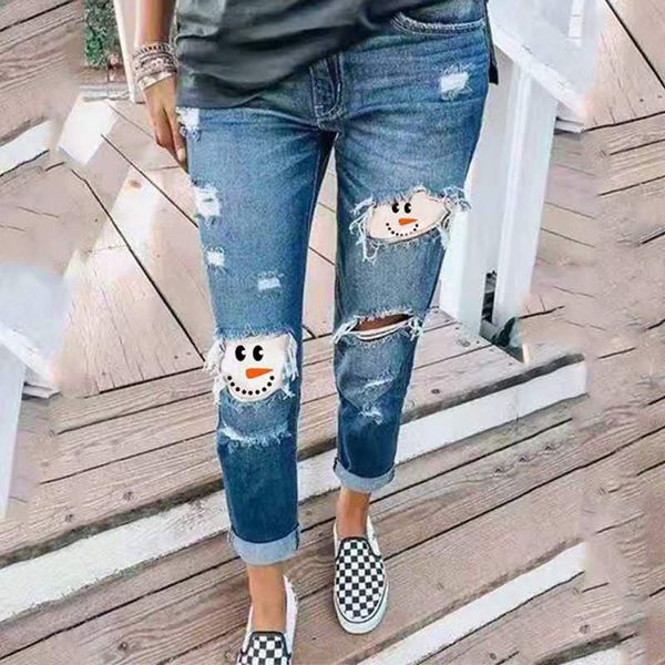 

snowman print jeans with holes, Blue