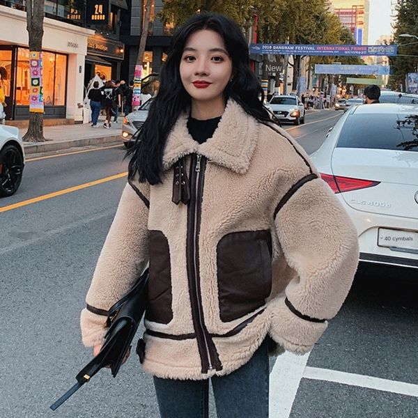 

shengpalae 2020 winter new lamb coat size short patchwork large fashion package zt1383 thick zipper woolen fur warm women's dxgut, Black