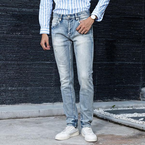 

italian style fashion men jeans retro light blue elastic slim fit ripped denim trousers vintage designer hip hop cotton pants