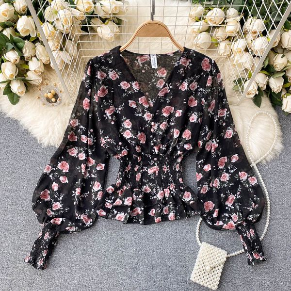 

2021 new singiny feminine bohemian floral blouse retro autumn neck puff elastic ruched sweet print streetwear blouses 7cea, White