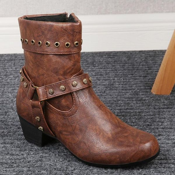

autumn rivet women ankle boots retro pu leather female naked boots zipper high heel type botas mujer, Black
