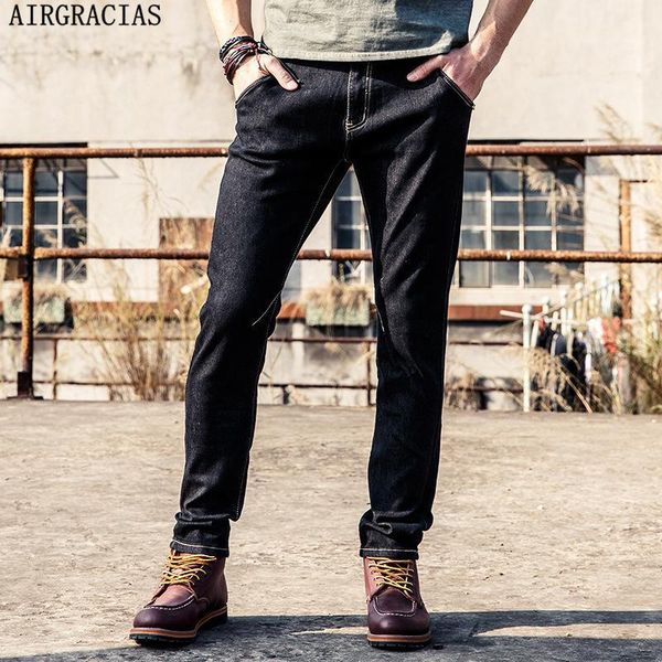 

airgracias mens slim jeans stylish casual male straight long trouser cotton classic mid waist micro elastic jeans1, Blue