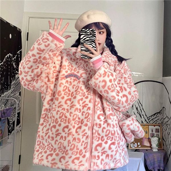 

casual streetwear leopard print faux lamb wool coats autumn winter loose hip hop oversize thicken warm jacket women outerwear, Black;brown