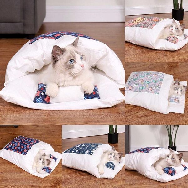 

cat winter warm bed nest pet cat sleeping bag for cats kitten bed kennel star floral mattress pet with pillow size s/m/l