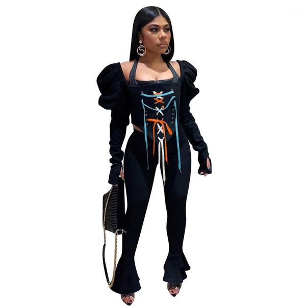 

irregular crop high waist boot cut pants famale 2pcs sets women colorful bandage clothing suit ruffle, White