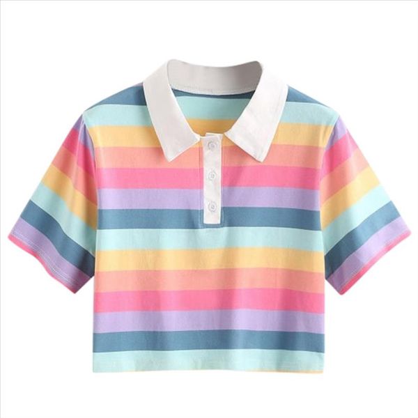 

women crop rainbow striped print turn down collar short blouse 2020 summer harajuku short sleeve shirt female clothes, White