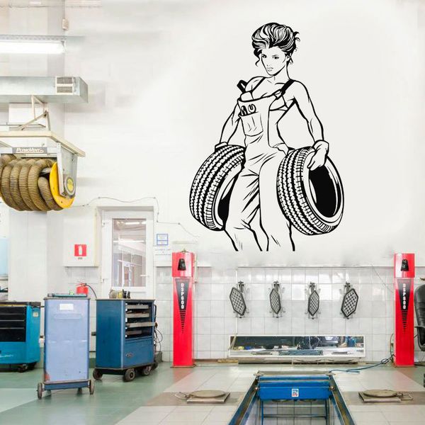 Sexy Girl Decor para Garagem Auto Service Repair Wheels Adesivo de Parede Vinil Design de Interiores Decalques Decalques Removíveis Mural 4038 201201