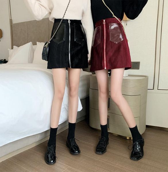 

new autumn and winter 2020, women's v-neck skirt, high waist a-line mini skirt, large size, bright leather pu leather skirt, Black