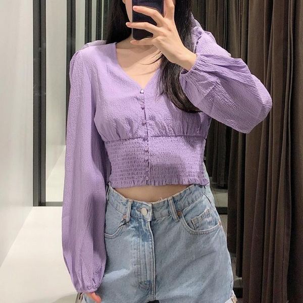 

women fashion violet crop blouses v neck puff long sleeve elastic hem female shirts blusas chic, White