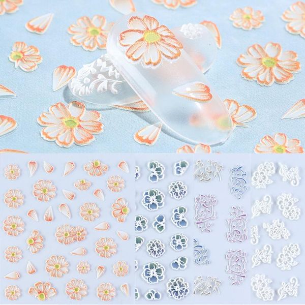 

1pcs 5d embossed flowers nail art stickers decals empaistic engraved lace leaf nail adhesive sliders decoration manicure nt1019, Black