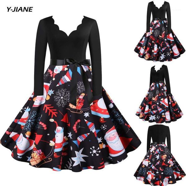 

christmas dress long-sleeve t-shirt loose print dress autumn womens plus size vintage casual dresses v-neck loose pullover #g31, Black;gray