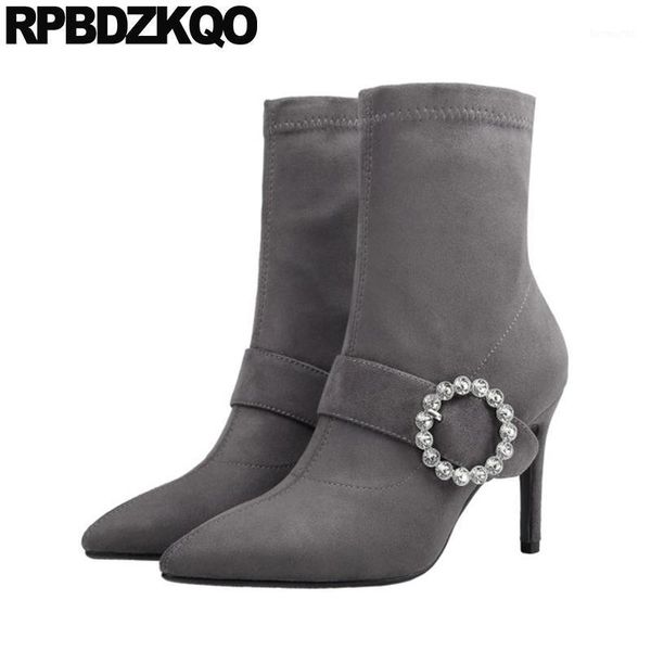 

boots slip on diamond designer shoes women luxury 2021 gray ankle sheepskin rhinestone stiletto pointed toe brand high heel1, Black