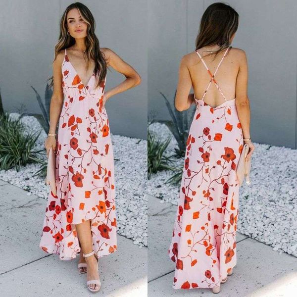 

v-neck suspender with open back print irregular skirt, Black;gray