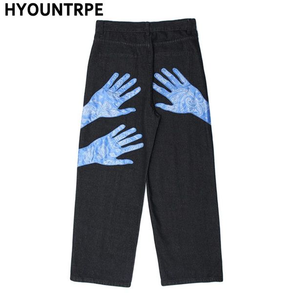 

mens patchwork harajuku denim pants high street straight zipper jeans trouser hip hop streetwear casual loose joggers jean pants, Blue