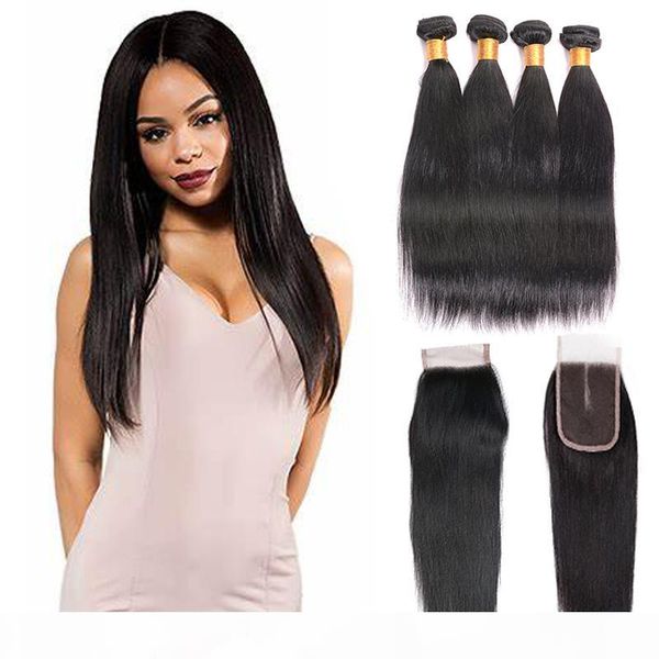 

straight human hair bundles with closure natural color 7a grade peruvian virgin hair 4 bundles remy human hair bundles with closure, Black