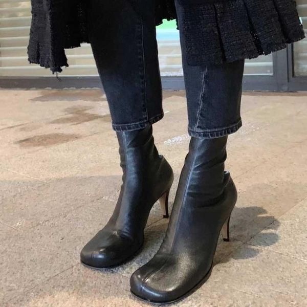 

boots us4-11 womens square toe pu leather stilettos high heel punk motorcycle shoes warm winter plus size, Black