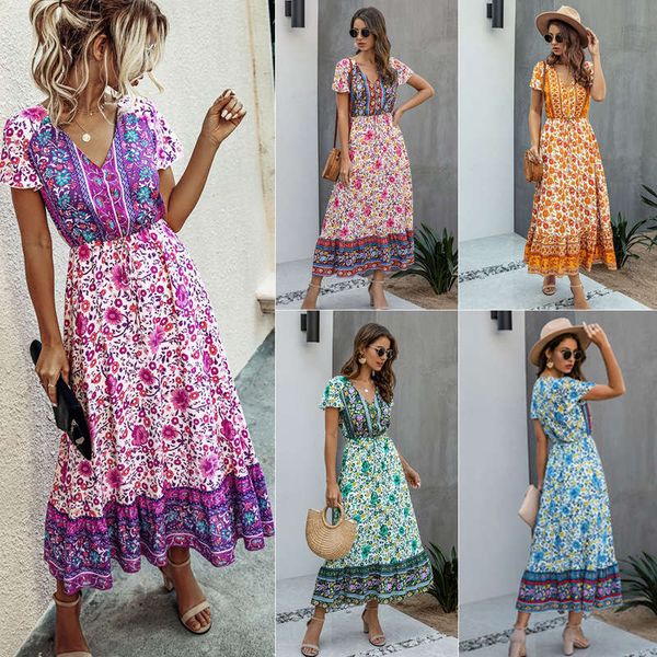 

new product 2020 summer fashion print v-neck short sleeve tethered long women's dress, Black;gray