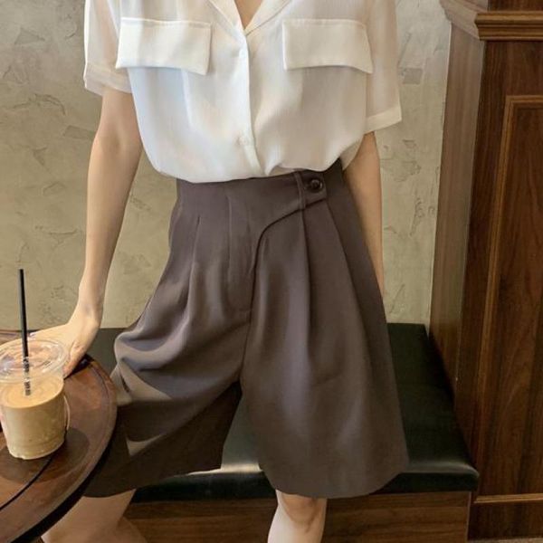 

high waist women shorts half- length casual loose straight blazer shorts pockets 2021 summer white capris short pants korean, White;black